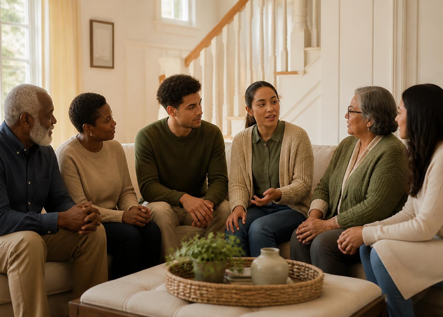 Adult family members of different generations talking together at home
